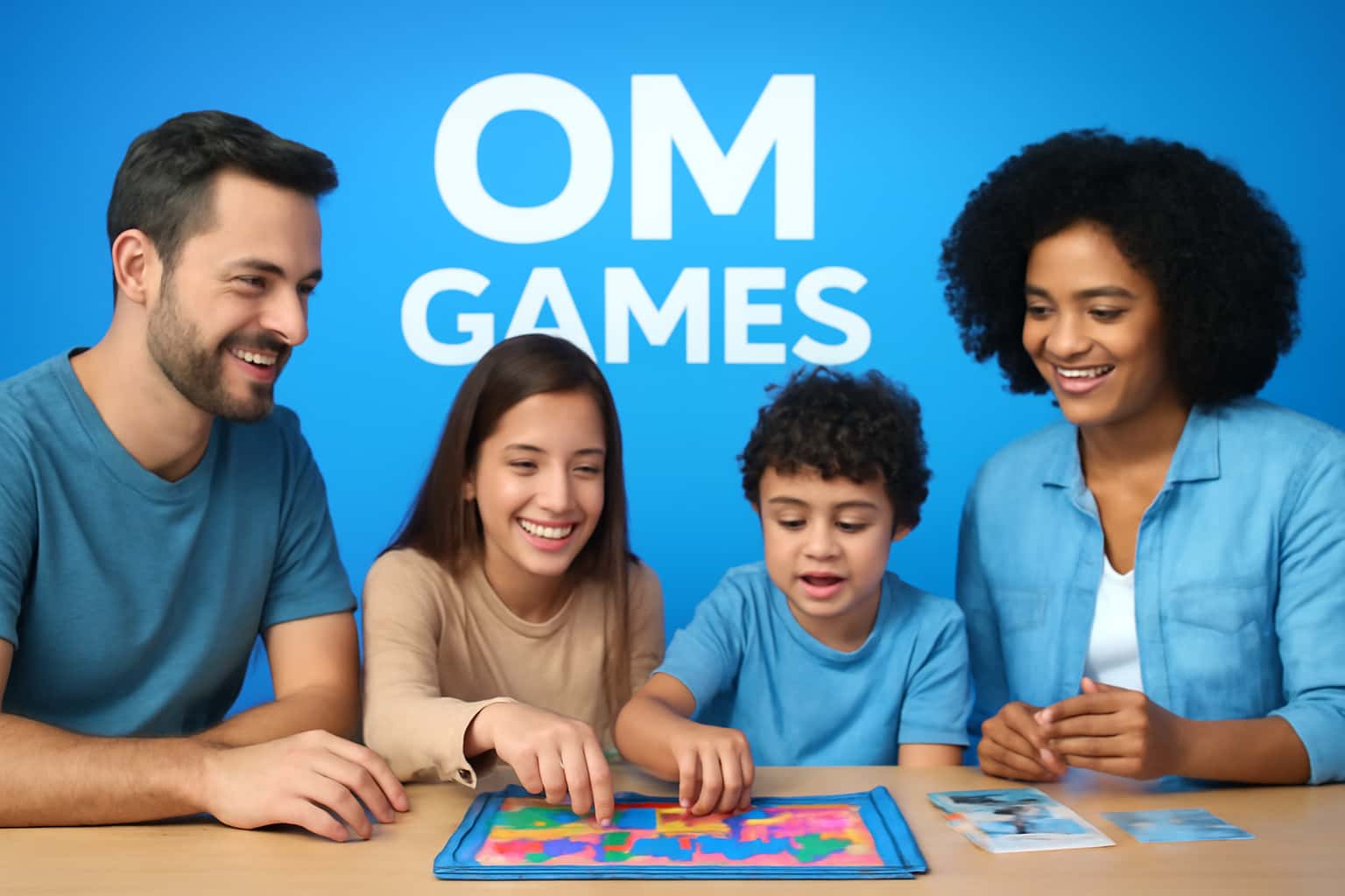 A futuristic representation of OM Games with blue accents.